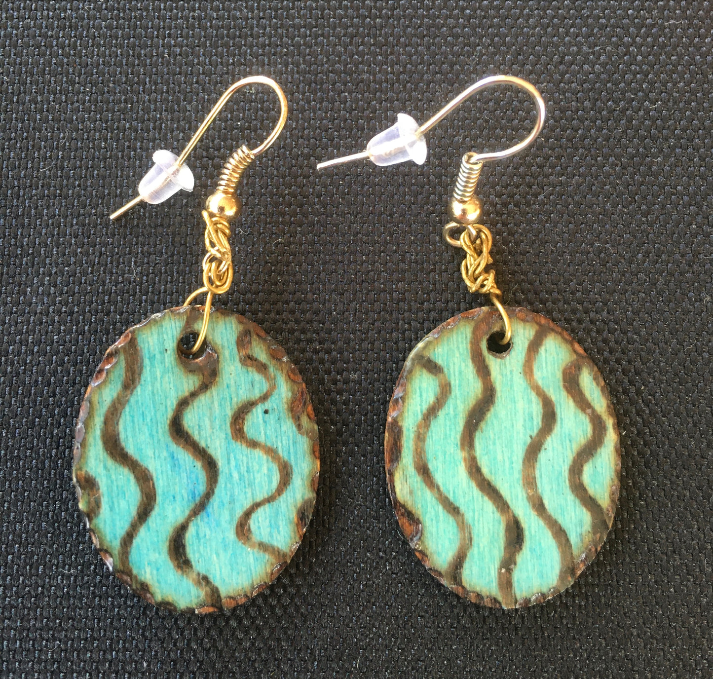 Blue wave pyrography earrings